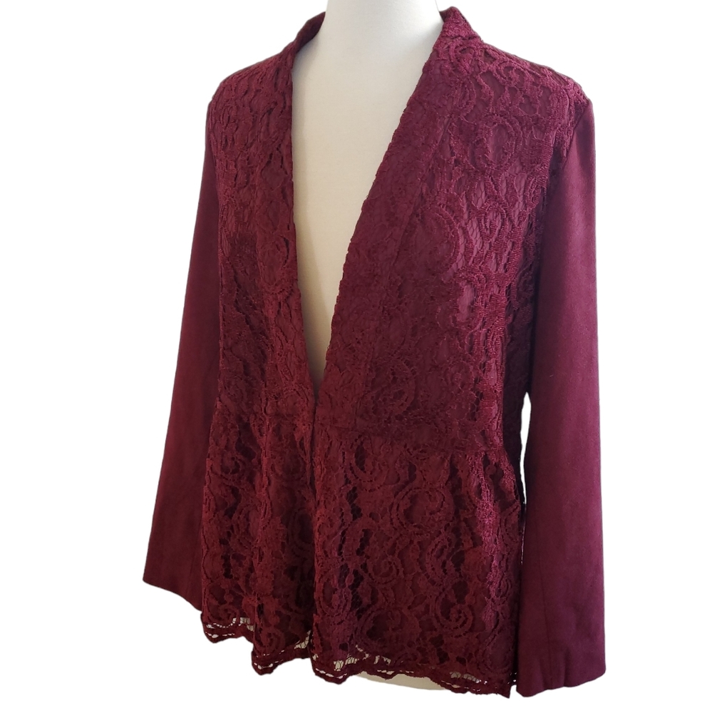 Chico's Red Maple Faux Suede and Lace Jacket - Picture 1 of 16